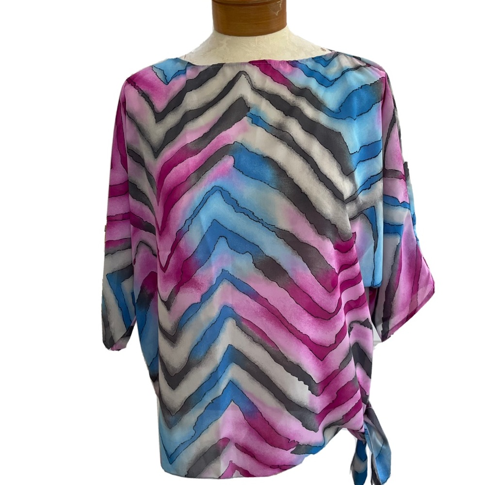Vintage Colorful Flowy Blouse Top Size M Watercolor Side Tie Teddi of California